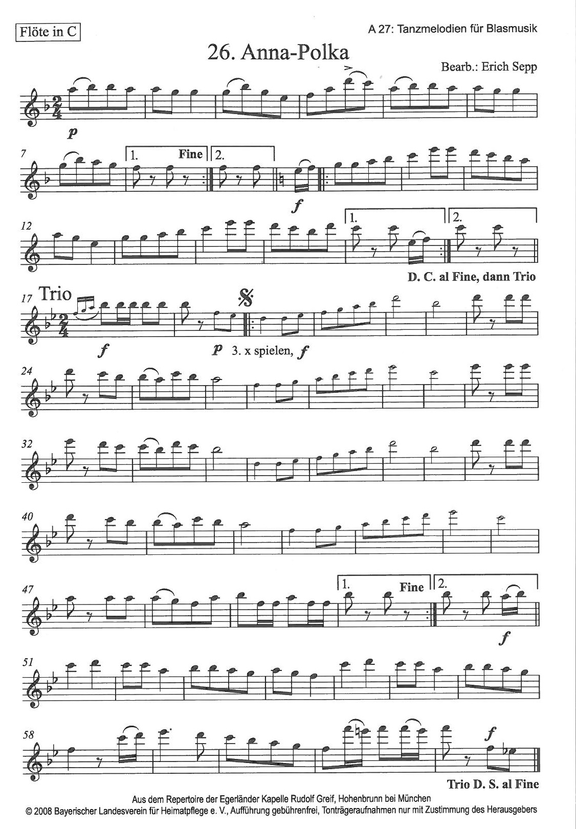 Tanzmelodien aus Bayern für Blasmusik. Heft 26 - Anna Polka