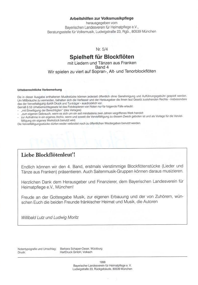 Willibald Lutz / Ludwig Moritz: Spielheft für Blockflöten (4)